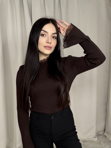 Dzianinowa Bluzka Z Koronką BELLA Brąz